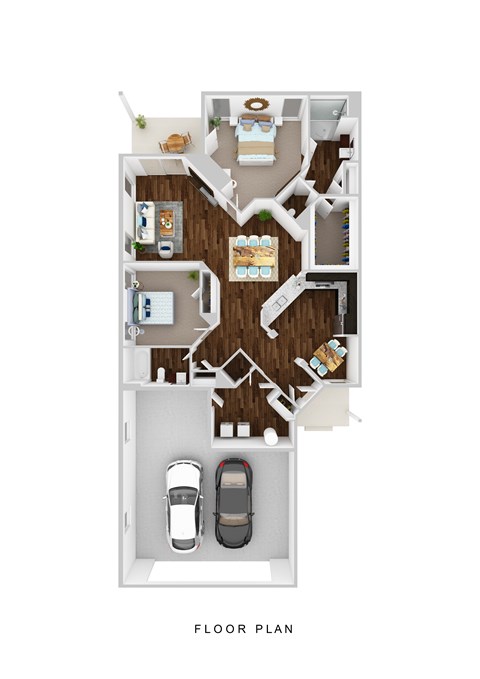 A floor plan of a house with a kitchen, living room, and two bedrooms.